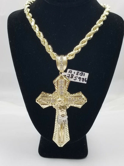 Men 10k Real Yellow Gold Rope Chain 26" Crucifix Cross Charm Diamond cut Set - Reva Jeweler