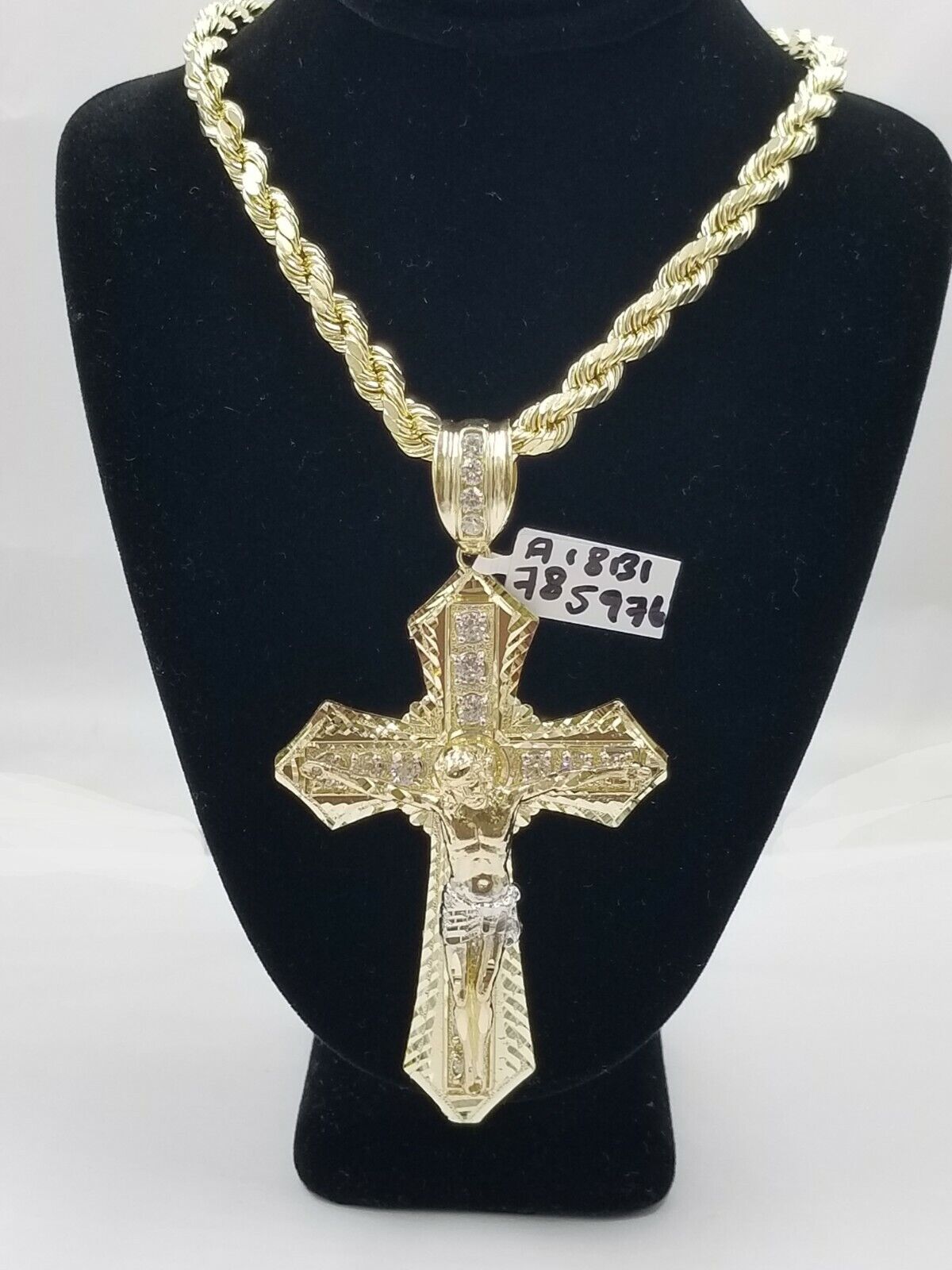 Men 10k Real Yellow Gold Rope Chain 26" Crucifix Cross Charm Diamond cut Set - Reva Jeweler