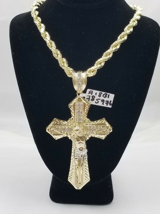 Men 10k Real Yellow Gold Rope Chain 26" Crucifix Cross Charm Diamond cut Set - Reva Jeweler