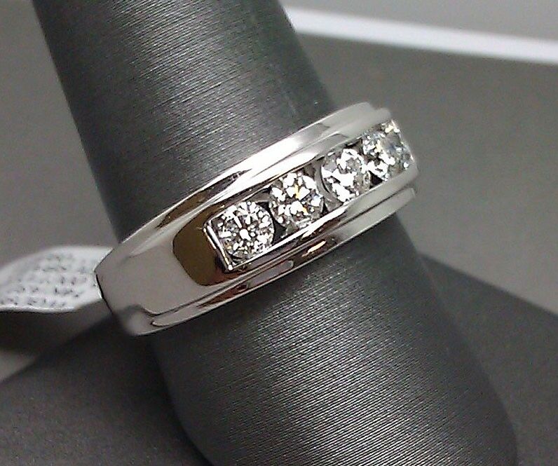 Men 14k White Gold 1CT Diamond Band Solitaire Ring Wedding Engagement REAL - Reva Jeweler