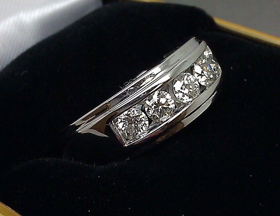 Men 14k White Gold 1CT Diamond Band Solitaire Ring Wedding Engagement REAL - Reva Jeweler