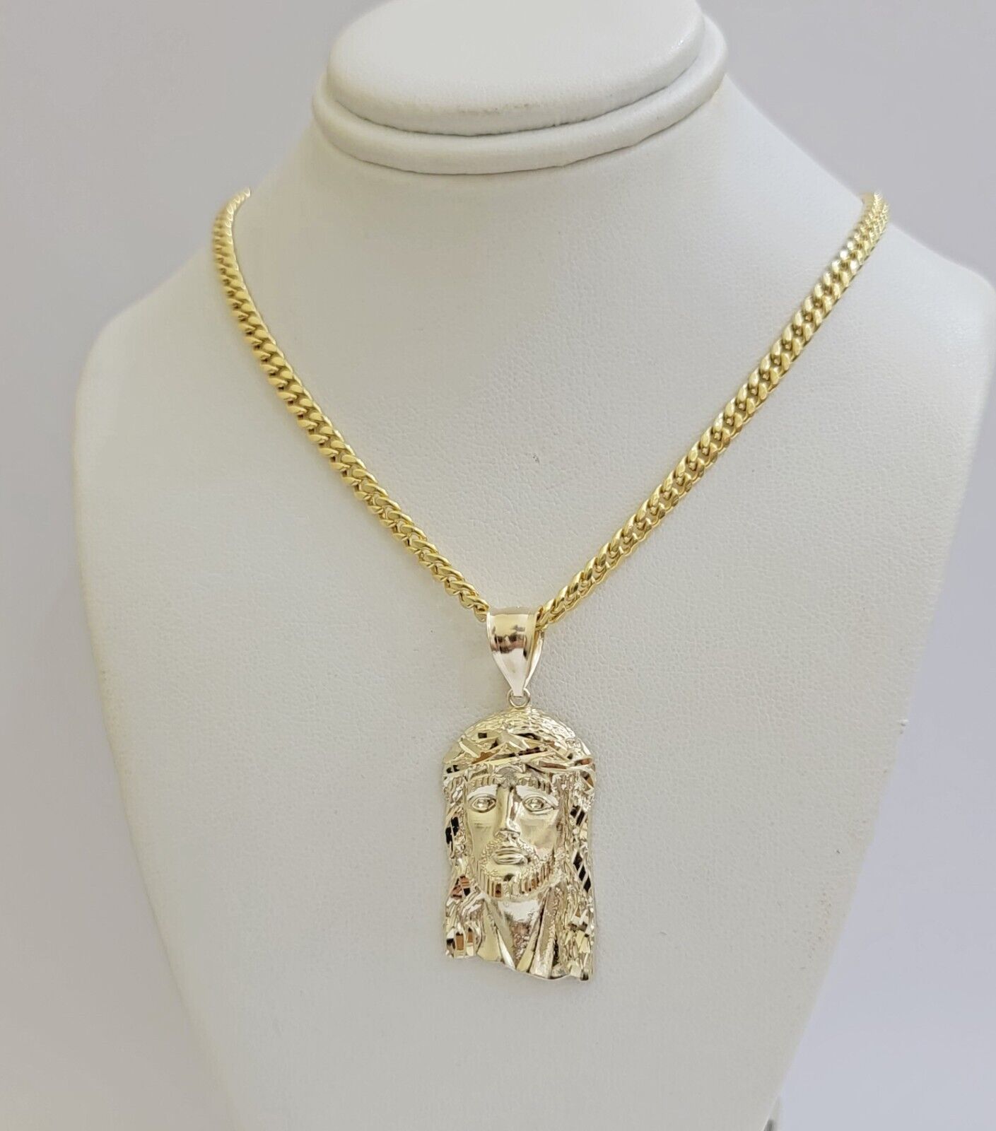 Mens 10k Gold Chain Necklace Charm Pendant SET ,5mm Miami Cuban Link, Jesus Face - Reva Jeweler
