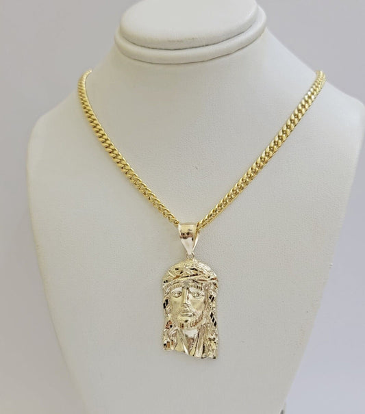 Mens 10k Gold Chain Necklace Charm Pendant SET ,5mm Miami Cuban Link, Jesus Face - Reva Jeweler
