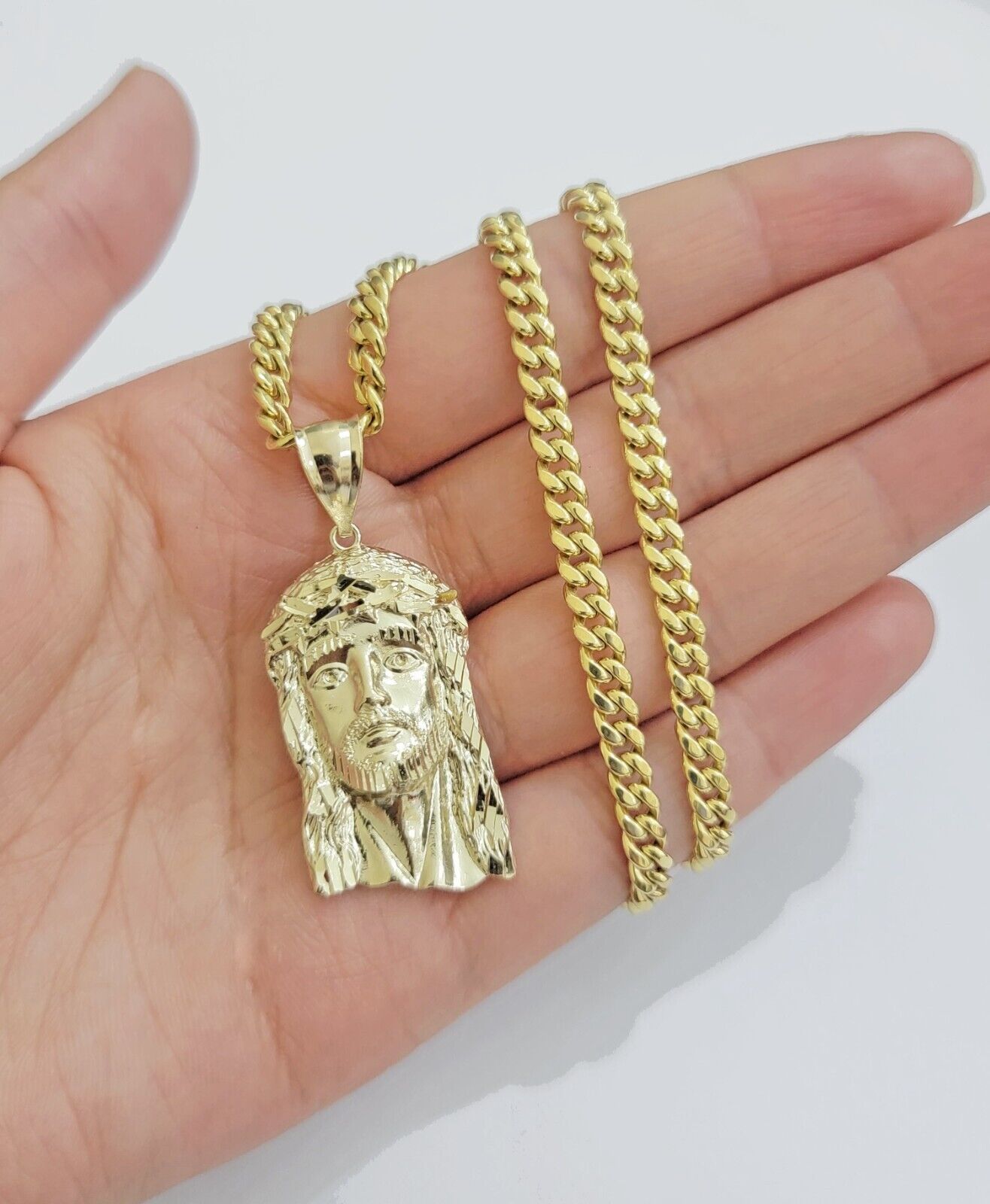 Mens 10k Gold Chain Necklace Charm Pendant SET ,5mm Miami Cuban Link, Jesus Face - Reva Jeweler