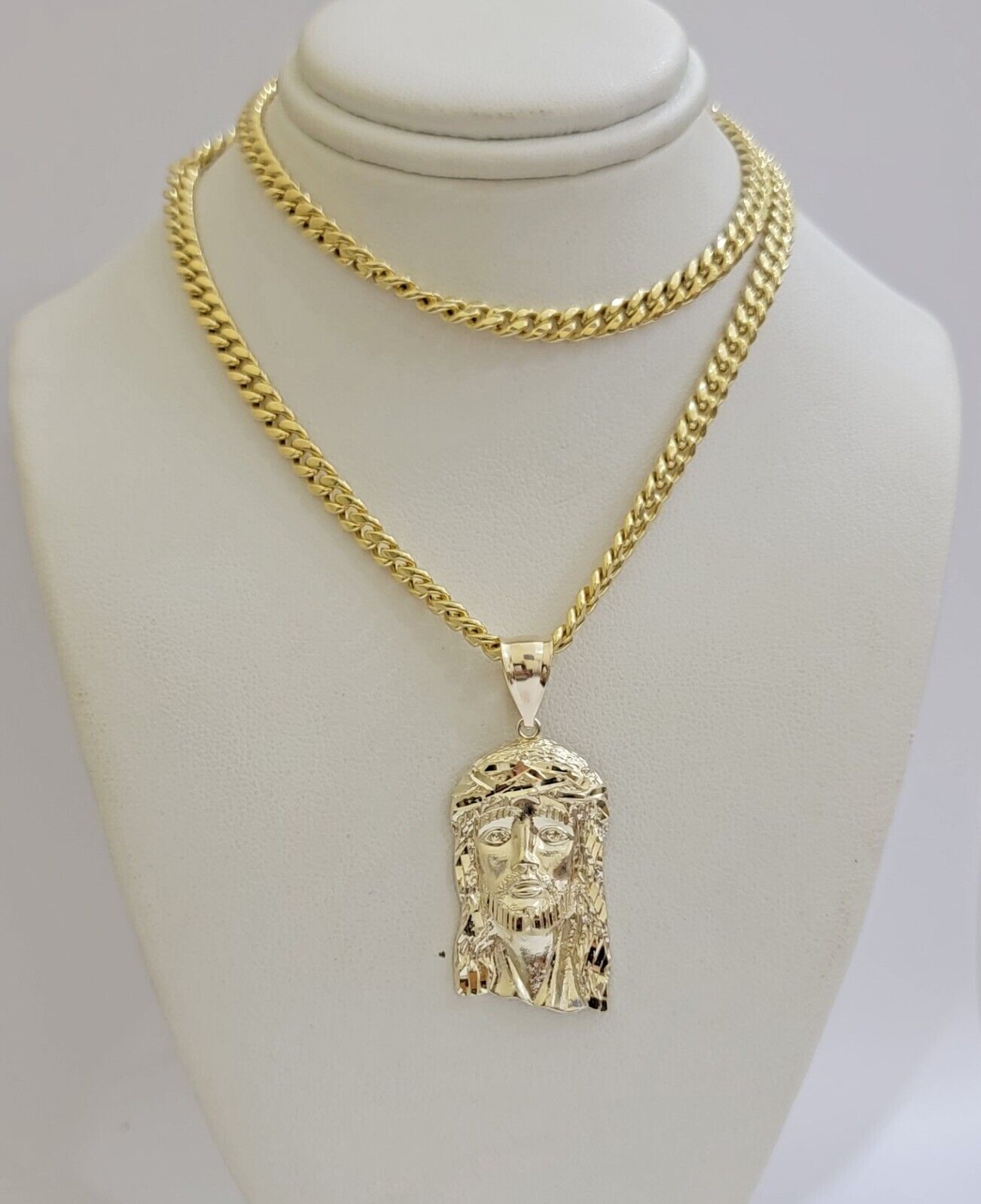 Mens 10k Gold Chain Necklace Charm Pendant SET ,5mm Miami Cuban Link, Jesus Face - Reva Jeweler