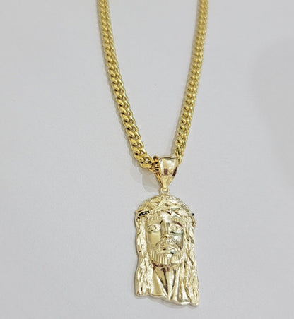 Mens 10k Gold Chain Necklace Charm Pendant SET ,5mm Miami Cuban Link, Jesus Face - Reva Jeweler