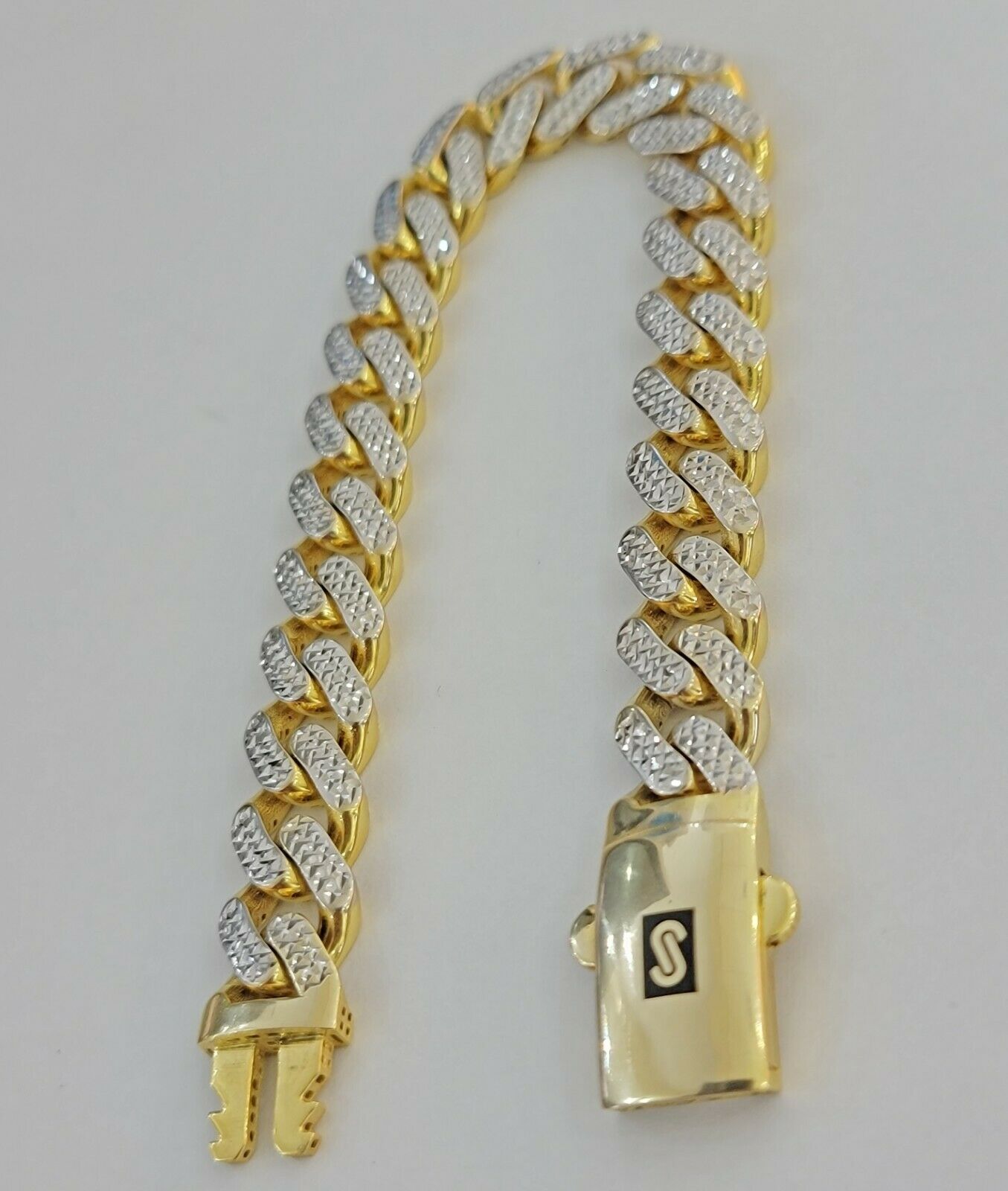Mens 10k Gold Monaco Bracelet 11mm 8" Two - tone Diamond Cut REAL 10kt Gold SALE - Reva Jeweler
