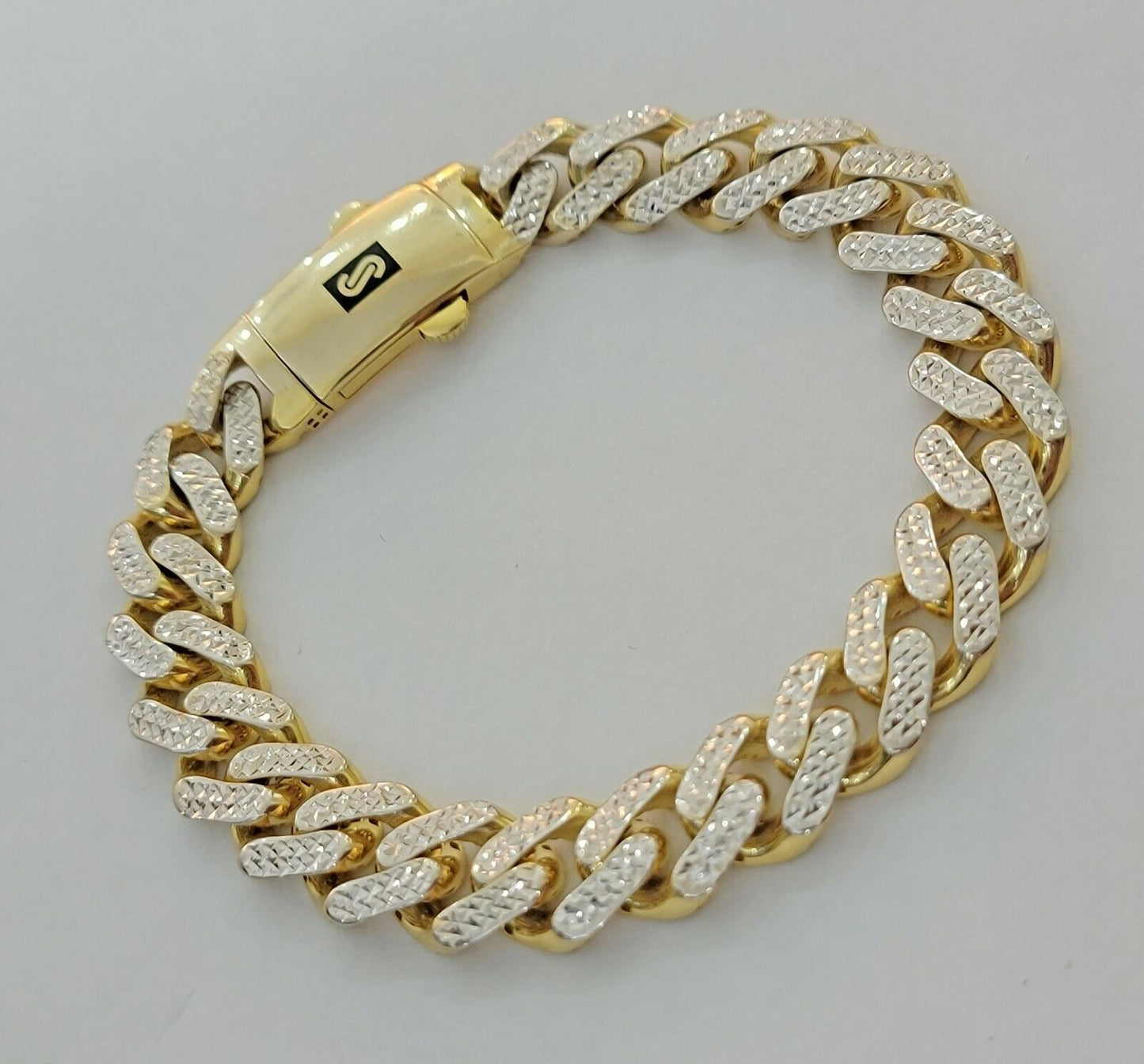 Mens 10k Gold Monaco Bracelet 11mm 8" Two - tone Diamond Cut REAL 10kt Gold SALE - Reva Jeweler