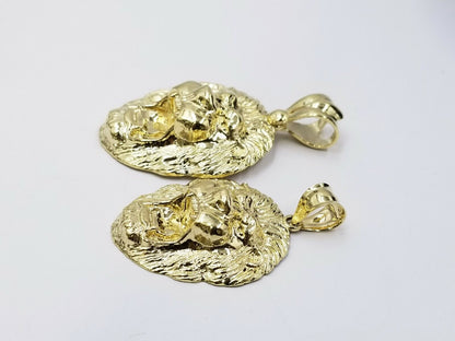 Mens 10k Solid Yellow Gold Roaring King Lion Head Charm Pendant Diamond Cut Real - Reva Jeweler