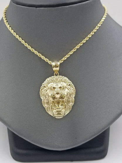 Mens 10k Solid Yellow Gold Roaring King Lion Head Charm Pendant Diamond Cut Real - Reva Jeweler