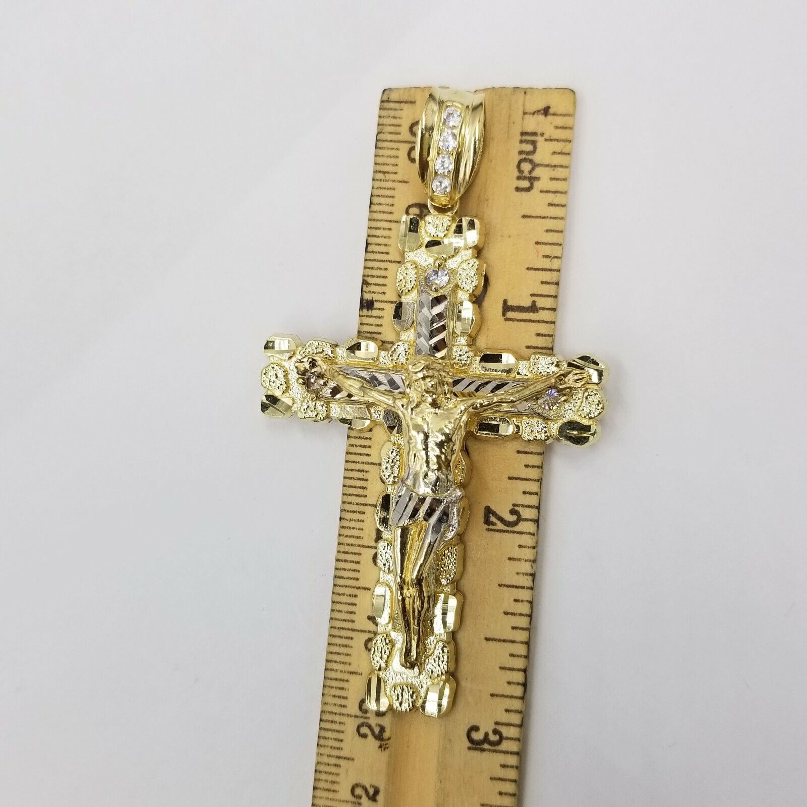 Mens 10k Yellow Gold Cross Charm Diamond Cut Pendant Byzantine Chain in 24" Real - Reva Jeweler