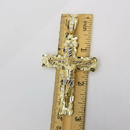 Mens 10k Yellow Gold Cross Charm Diamond Cut Pendant Byzantine Chain in 24" Real - Reva Jeweler