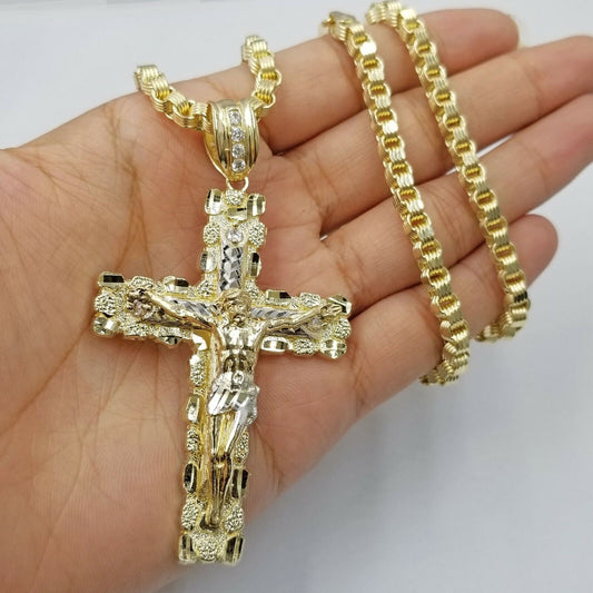Mens 10k Yellow Gold Cross Charm Diamond Cut Pendant Byzantine Chain in 24" Real - Reva Jeweler