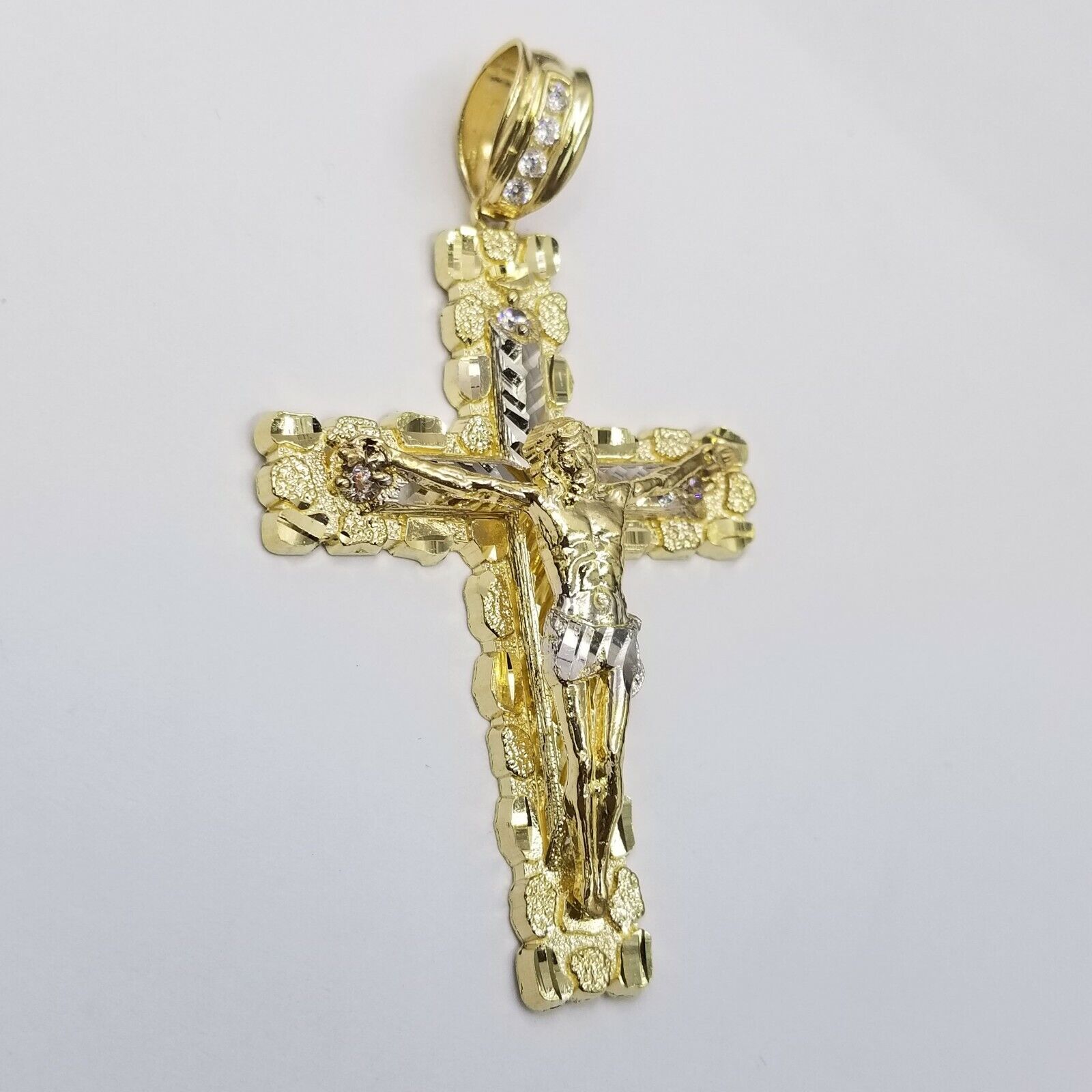 Mens 10k Yellow Gold Cross Charm Diamond Cut Pendant Byzantine Chain in 24" Real - Reva Jeweler