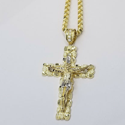 Mens 10k Yellow Gold Cross Charm Diamond Cut Pendant Byzantine Chain in 24" Real - Reva Jeweler