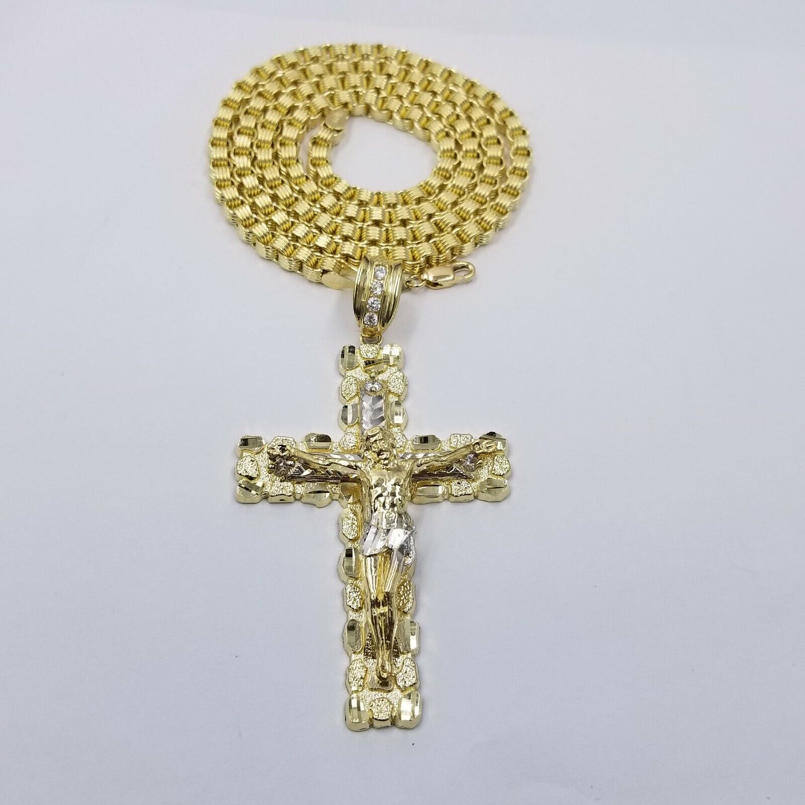 Mens 10k Yellow Gold Cross Charm Diamond Cut Pendant Byzantine Chain in 24" Real - Reva Jeweler