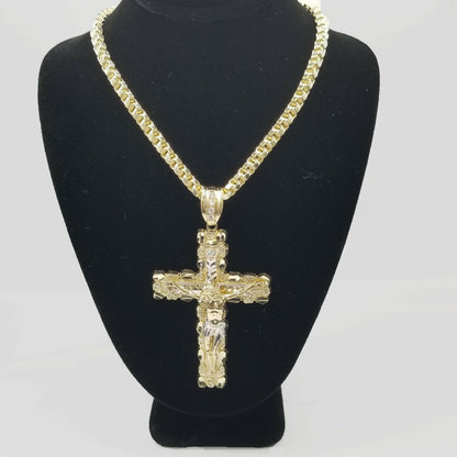 Mens 10k Yellow Gold Cross Charm Diamond Cut Pendant Byzantine Chain in 24" Real - Reva Jeweler