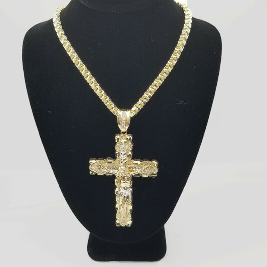 Mens 10k Yellow Gold Cross Charm Diamond Cut Pendant Byzantine Chain in 24" Real - Reva Jeweler