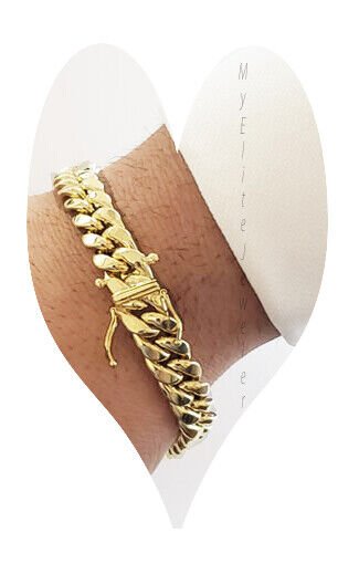 Mens 10K Yellow Gold Miami Cuban Link Bracelet 9mm 10 Inch long Box Lock REAL - Reva Jeweler