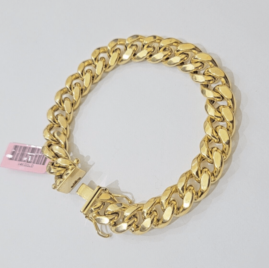 Mens 14k Yellow Gold Bracelet 7.5 Inch Miami Cuban Link Box Clasp REAL 14KT - Reva Jeweler