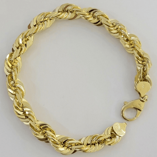 Mens Real 10k Gold Rope Bracelet 9 Inch 10.5mm Diamond Cut Solid 10KT Yellow Gld - Reva Jeweler
