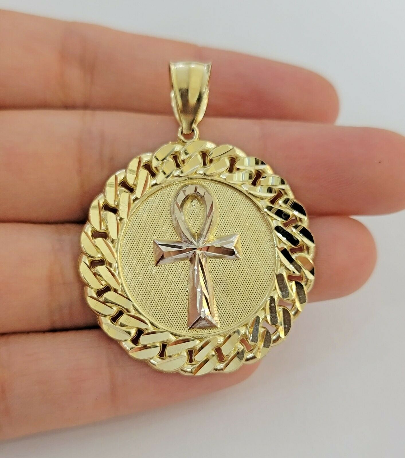 Mens Real 10kt Yellow Gold Ankh Cuban Pendant Charm Medallion Round 10k, Dia Cut - Reva Jeweler