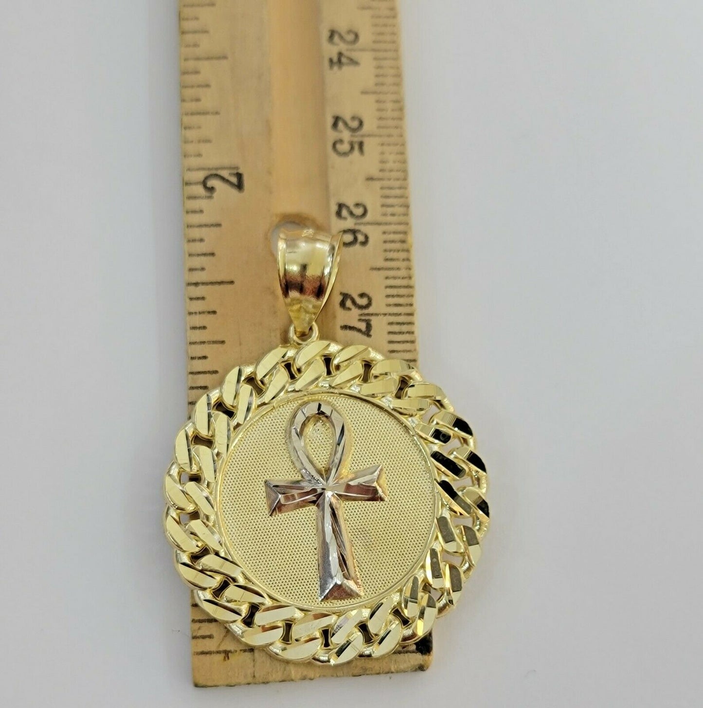 Mens Real 10kt Yellow Gold Ankh Cuban Pendant Charm Medallion Round 10k, Dia Cut - Reva Jeweler