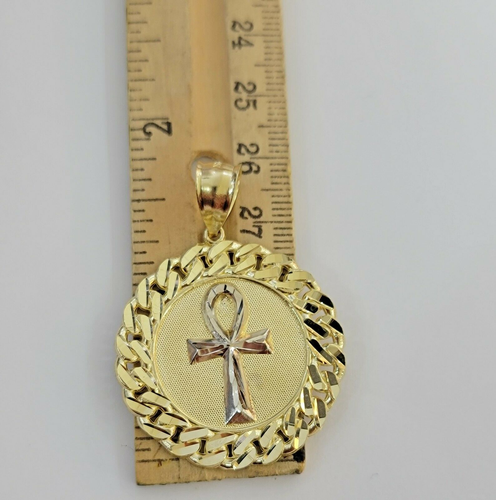 Mens Real 10kt Yellow Gold Ankh Cuban Pendant Charm Medallion Round 10k, Dia Cut - Reva Jeweler