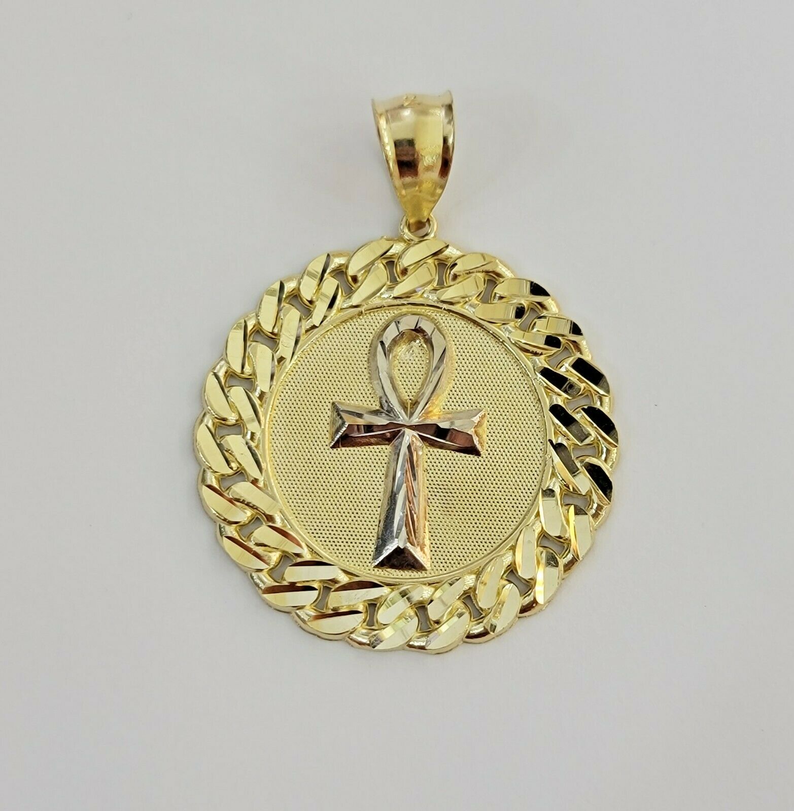 Mens Real 10kt Yellow Gold Ankh Cuban Pendant Charm Medallion Round 10k, Dia Cut - Reva Jeweler