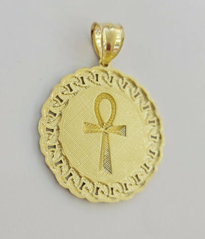 Mens Real 10kt Yellow Gold Ankh Cuban Pendant Charm Medallion Round 10k, Dia Cut - Reva Jeweler