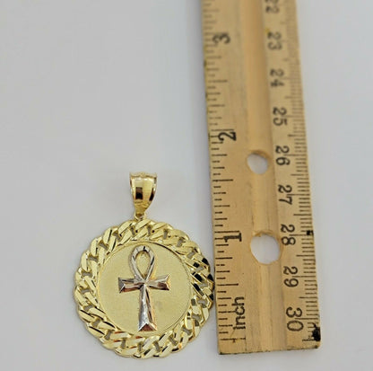 Mens Real 10kt Yellow Gold Ankh Cuban Pendant Charm Medallion Round 10k, Dia Cut - Reva Jeweler