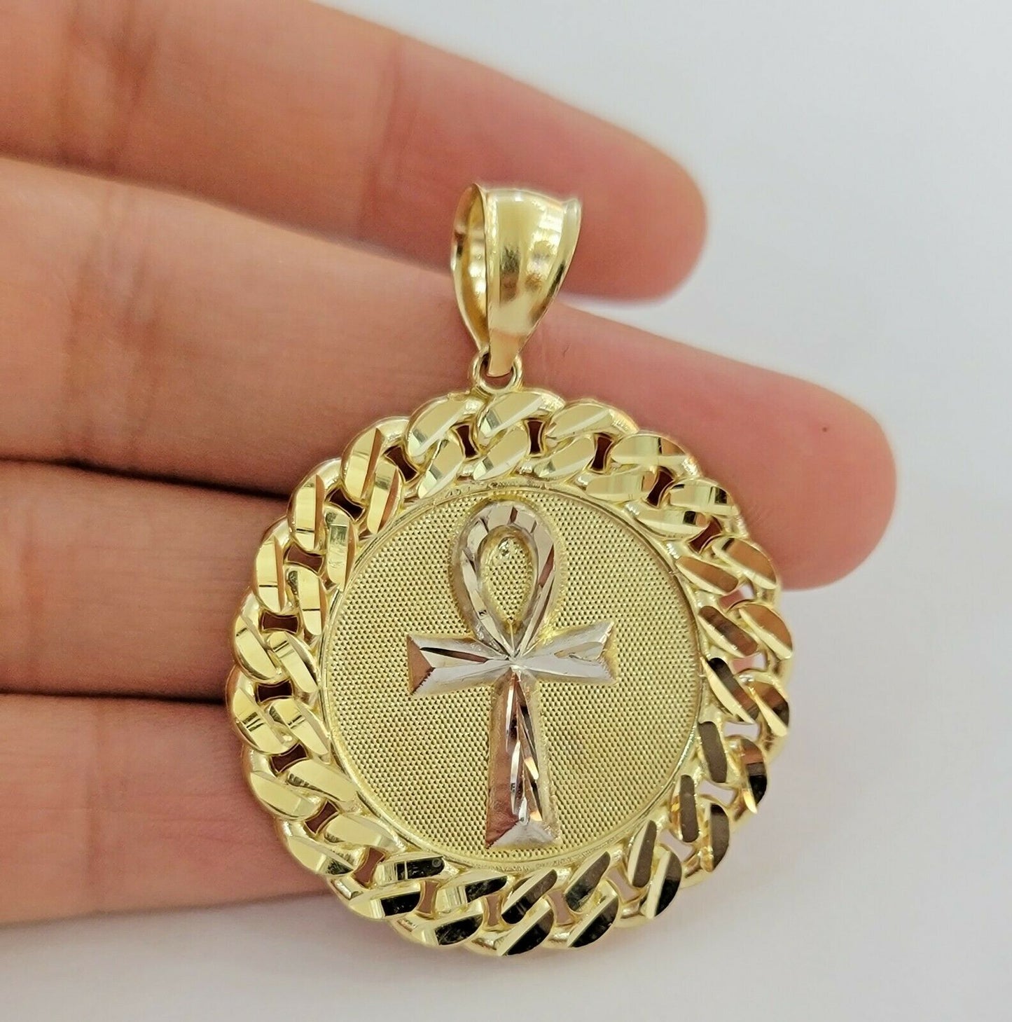 Mens Real 10kt Yellow Gold Ankh Cuban Pendant Charm Medallion Round 10k, Dia Cut - Reva Jeweler