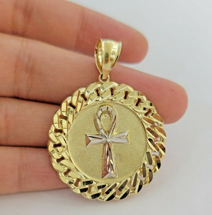 Mens Real 10kt Yellow Gold Ankh Cuban Pendant Charm Medallion Round 10k, Dia Cut - Reva Jeweler
