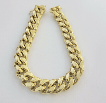 Mens REAL 14k Gold Miami Cuban Bracelet 13mm 14kt Yellow Gold Strong Link 9"Inch - Reva Jeweler