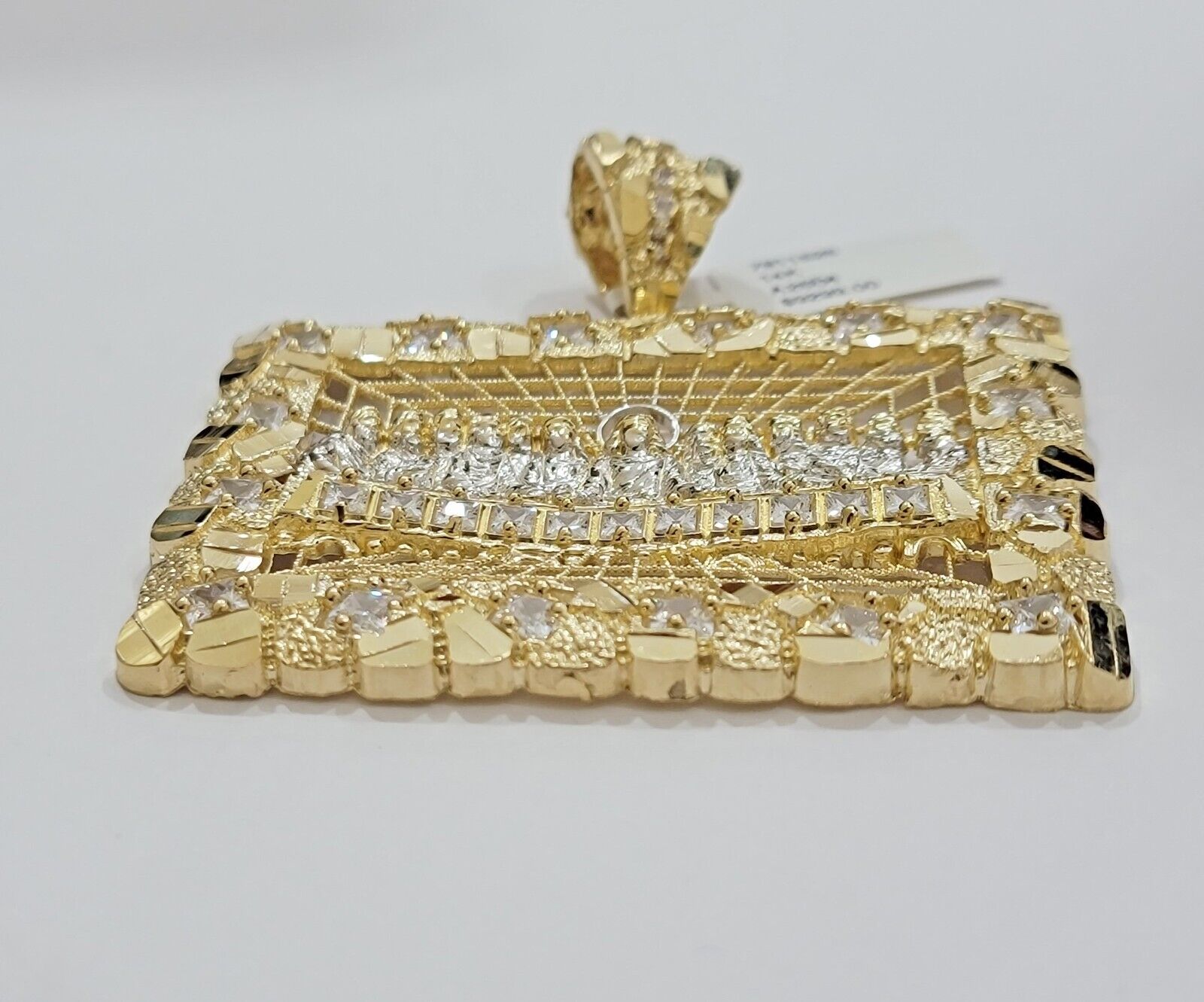 Mens Real 14kt Yellow Gold Nugget Last Supper Pendant Charm Medallion Square 14k - Reva Jeweler