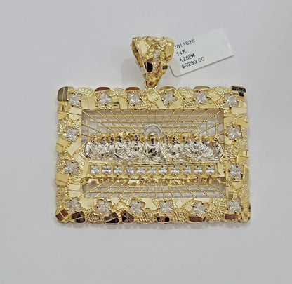 Mens Real 14kt Yellow Gold Nugget Last Supper Pendant Charm Medallion Square 14k - Reva Jeweler