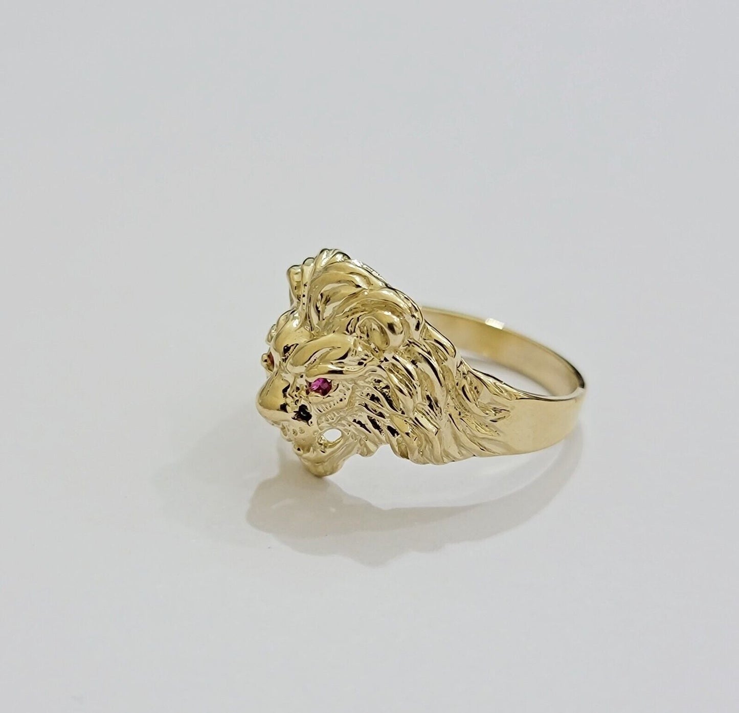 Mens Ring Lion Head REAL 10k Yellow Gold Roaring Lion With Red Eye , 10kt Solid - Reva Jeweler