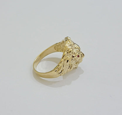 Mens Ring Lion Head REAL 10k Yellow Gold Roaring Lion With Red Eye , 10kt Solid - Reva Jeweler