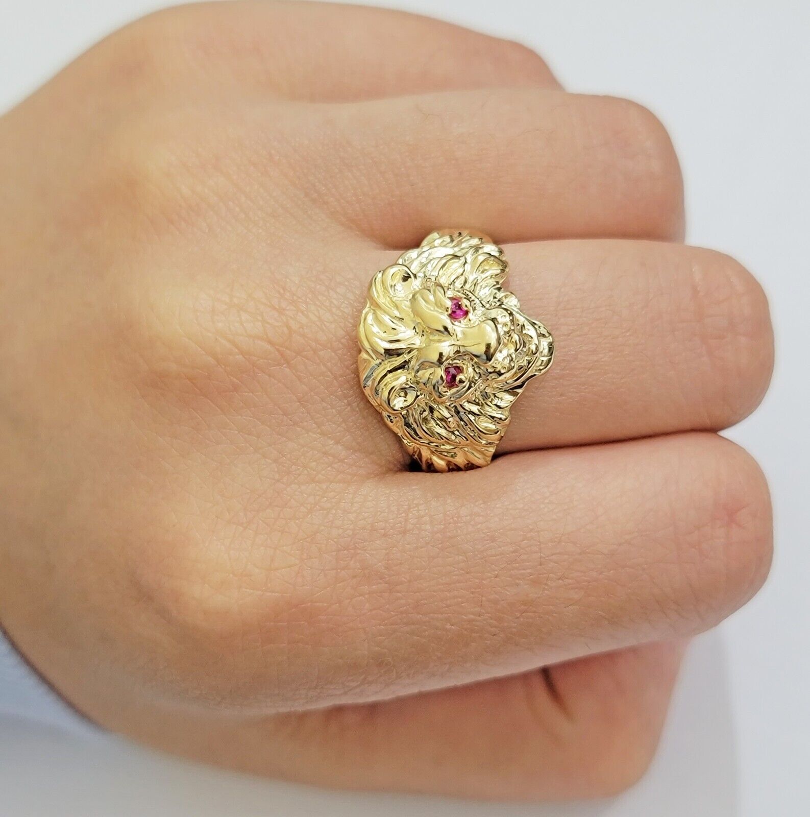 Mens Ring Lion Head REAL 10k Yellow Gold Roaring Lion With Red Eye , 10kt Solid - Reva Jeweler