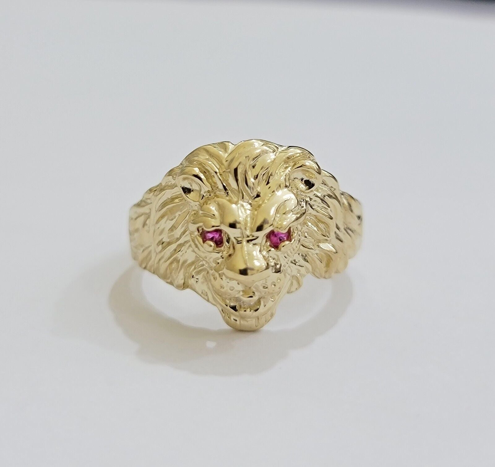 Mens Ring Lion Head REAL 10k Yellow Gold Roaring Lion With Red Eye , 10kt Solid - Reva Jeweler