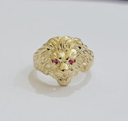 Mens Ring Lion Head REAL 10k Yellow Gold Roaring Lion With Red Eye , 10kt Solid - Reva Jeweler