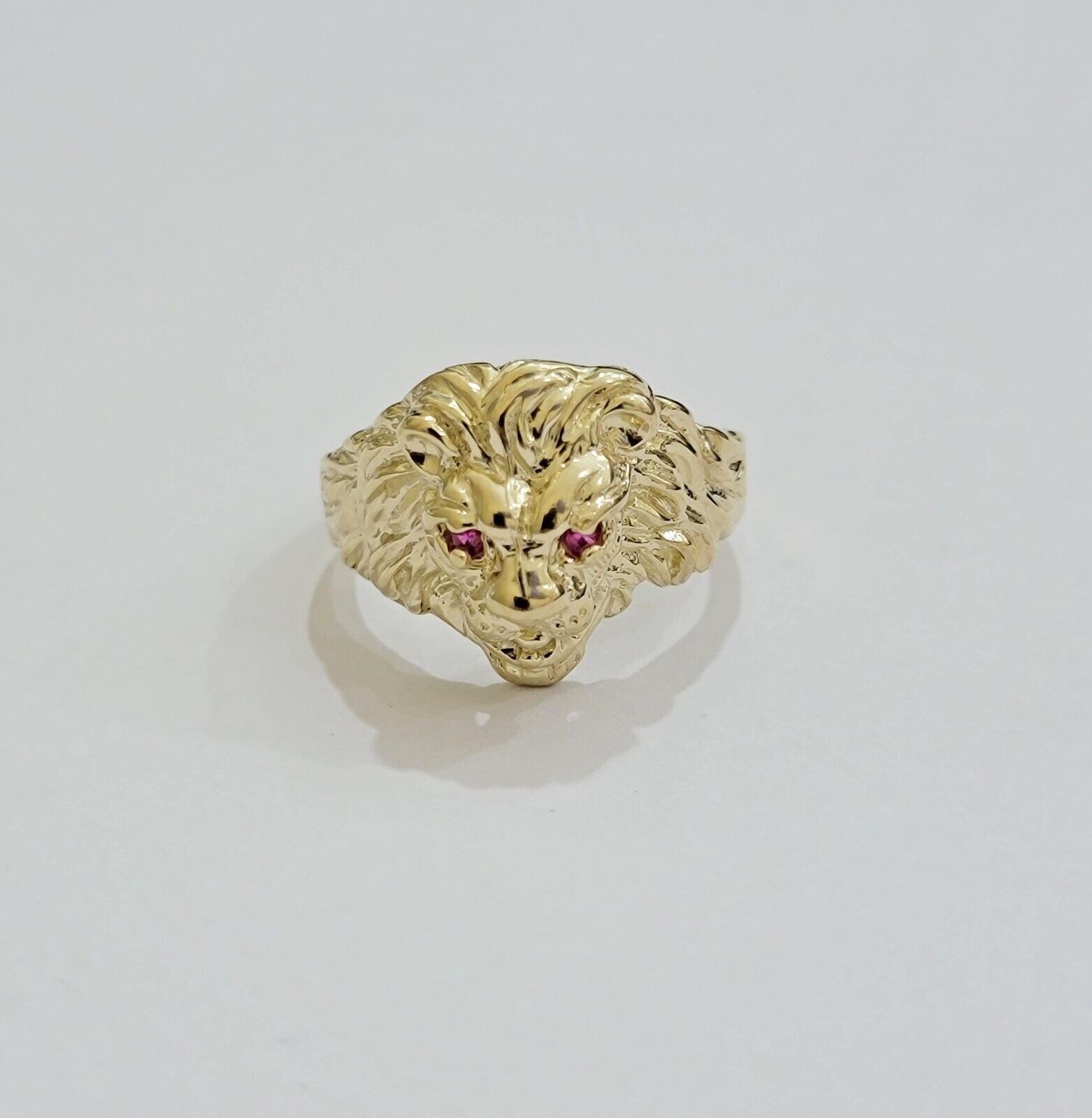 Mens Ring Lion Head REAL 10k Yellow Gold Roaring Lion With Red Eye , 10kt Solid - Reva Jeweler