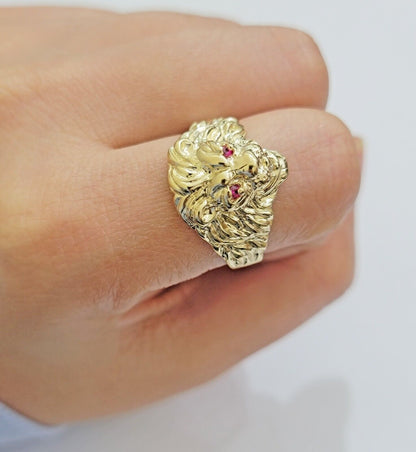 Mens Ring Lion Head REAL 10k Yellow Gold Roaring Lion With Red Eye , 10kt Solid - Reva Jeweler