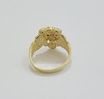 Mens Ring Lion Head REAL 10k Yellow Gold Roaring Lion With Red Eye , 10kt Solid - Reva Jeweler