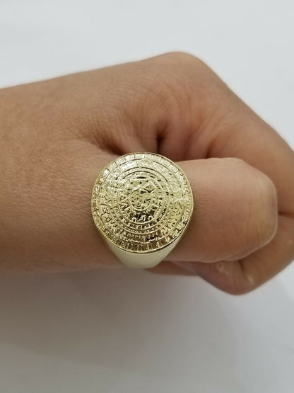 Mens Ring Solid 10k Yellow Gold Aztec Mayan Sun Calendar 10 KT REAL Gold Unique - Reva Jeweler