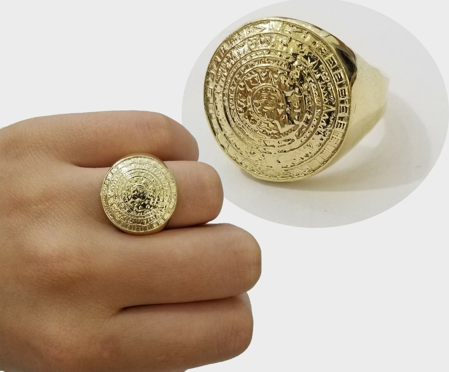 Mens Ring Solid 10k Yellow Gold Aztec Mayan Sun Calendar 10 KT REAL Gold Unique - Reva Jeweler
