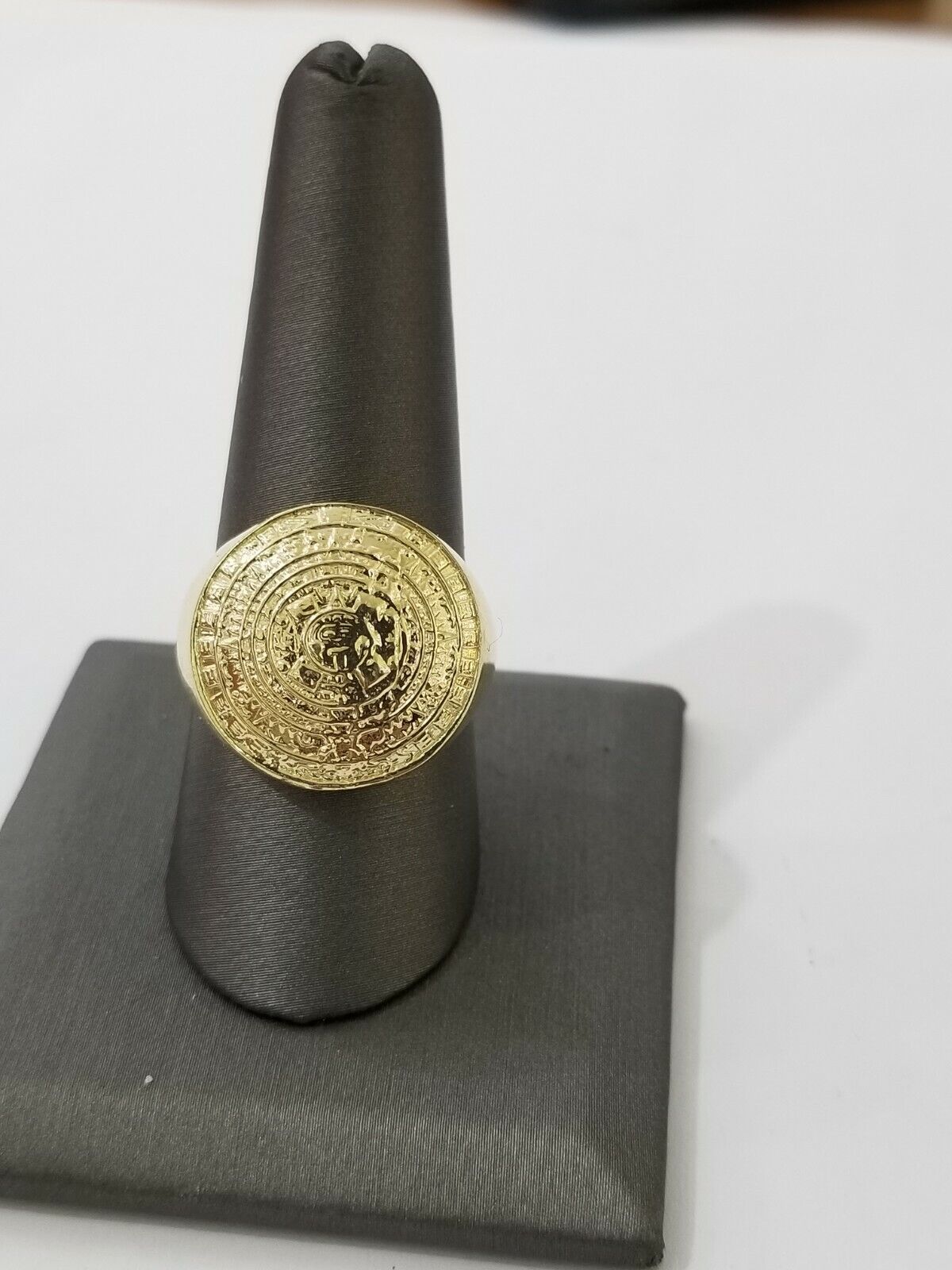 Mens Ring Solid 10k Yellow Gold Aztec Mayan Sun Calendar 10 KT REAL Gold Unique - Reva Jeweler