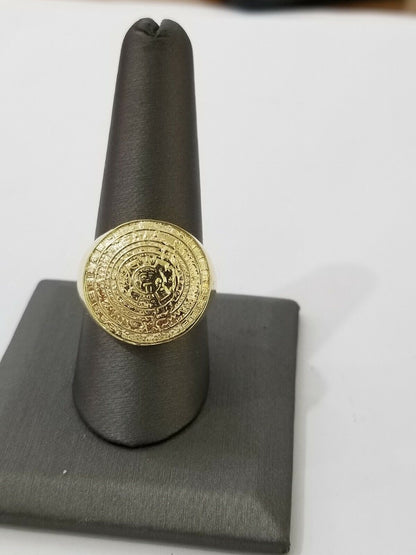Mens Ring Solid 10k Yellow Gold Aztec Mayan Sun Calendar 10 KT REAL Gold Unique - Reva Jeweler