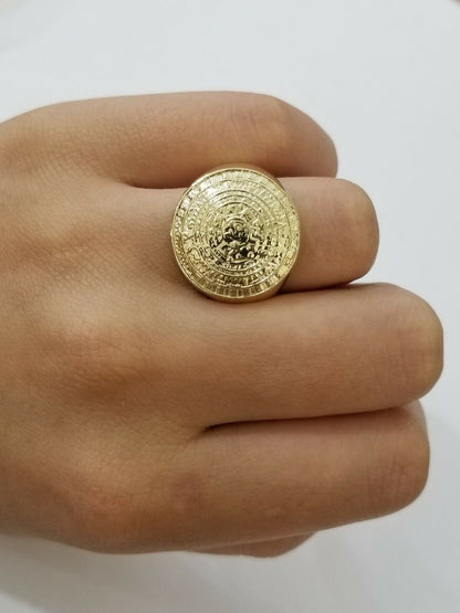 Mens Ring Solid 10k Yellow Gold Aztec Mayan Sun Calendar 10 KT REAL Gold Unique - Reva Jeweler