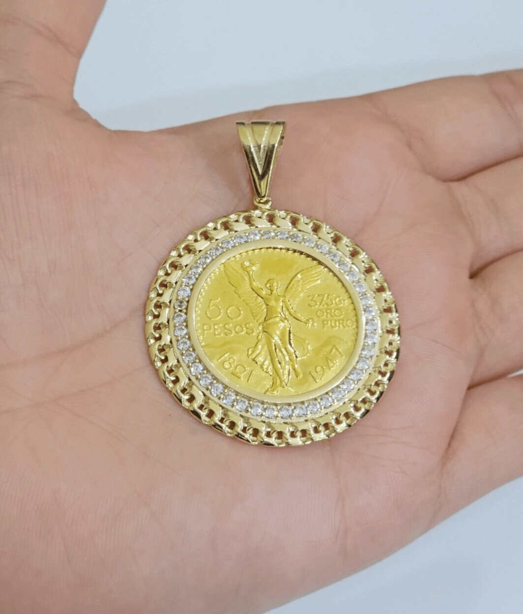 Mexican Centenario Coin 1947 Charm Pendant Replica 50 pesos With Bezel 10kt Gold - Reva Jeweler